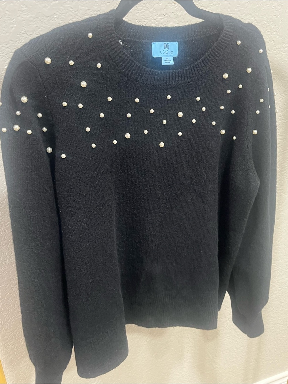 CeCe Black Pearl Embellished Sweater XL Long Sleeve Crewneck Pullover
